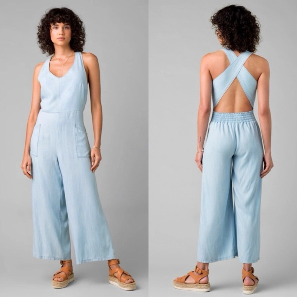 Prana Bahia Denim Cross Back Wide Leg Overall Jumpsuit size extra Small Pockets
